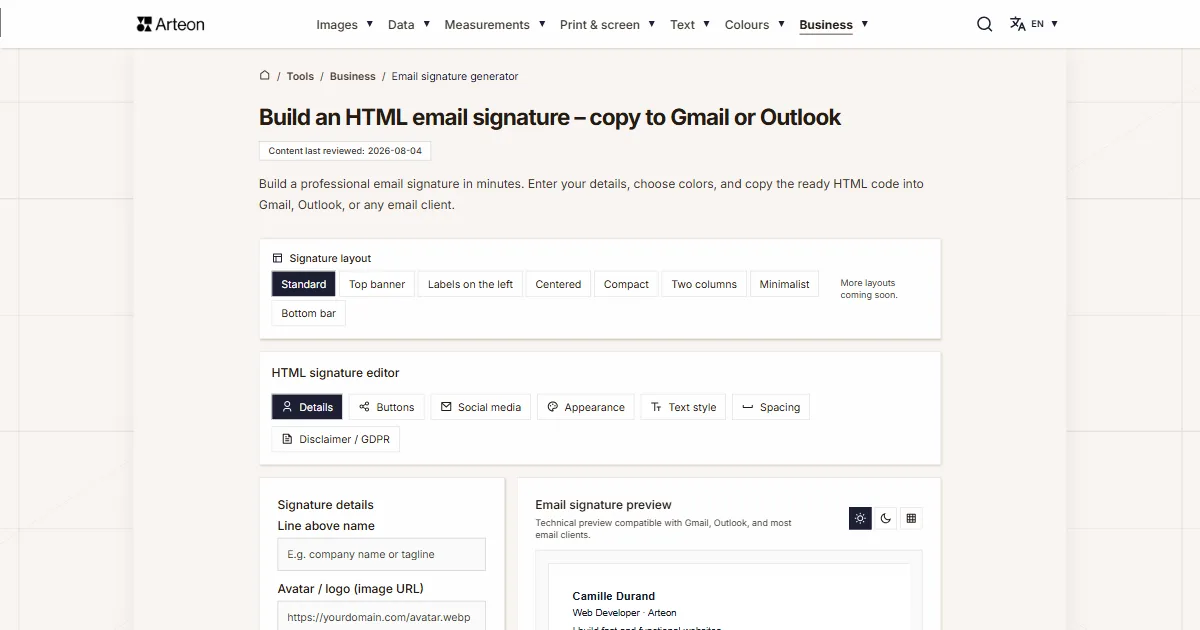 Arteon free tool screenshot: Email signature generator