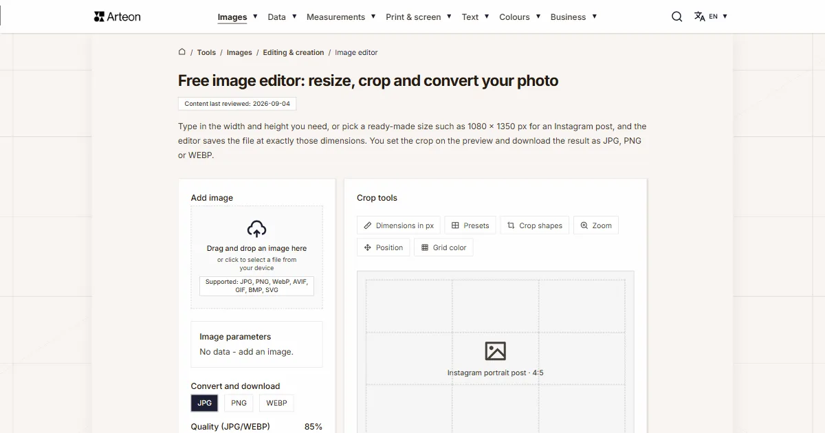 Arteon free tool screenshot: Online image editor