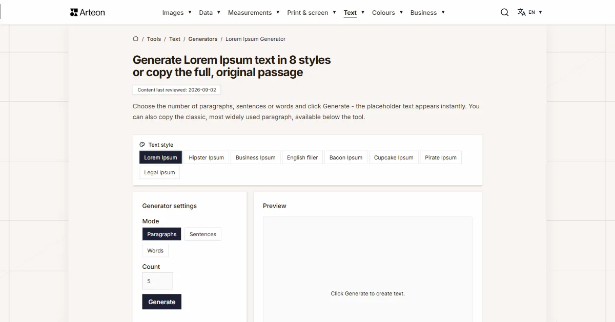 Arteon free tool screenshot: Lorem Ipsum Generator