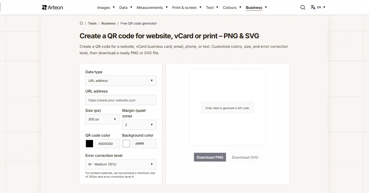 Arteon free tool screenshot: Free QR code generator