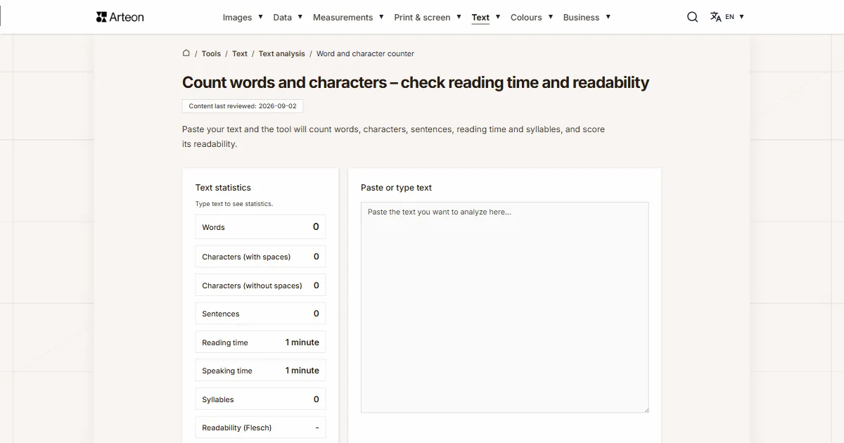 Arteon free tool screenshot: Word & character counter